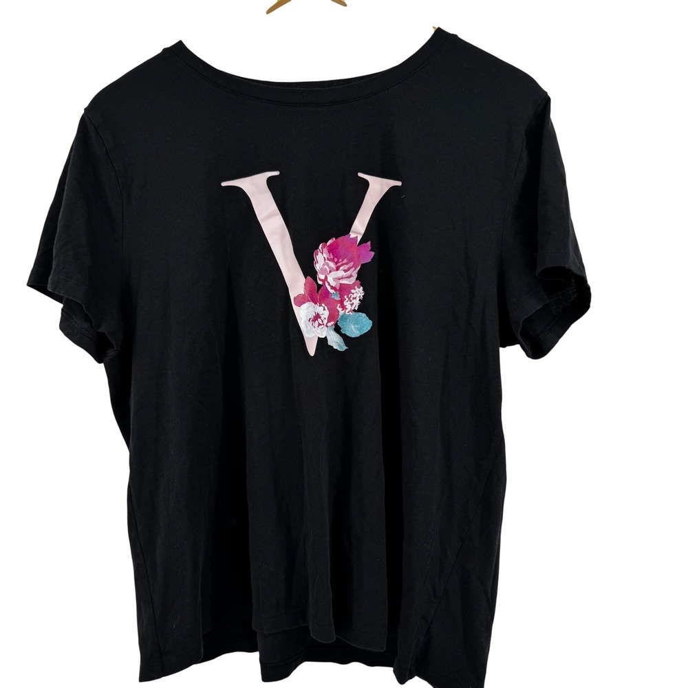 Victoria's Secret Black Floral Logo Graphic T-Shirt 100%‎ Cotton Large Y2K Comfy
